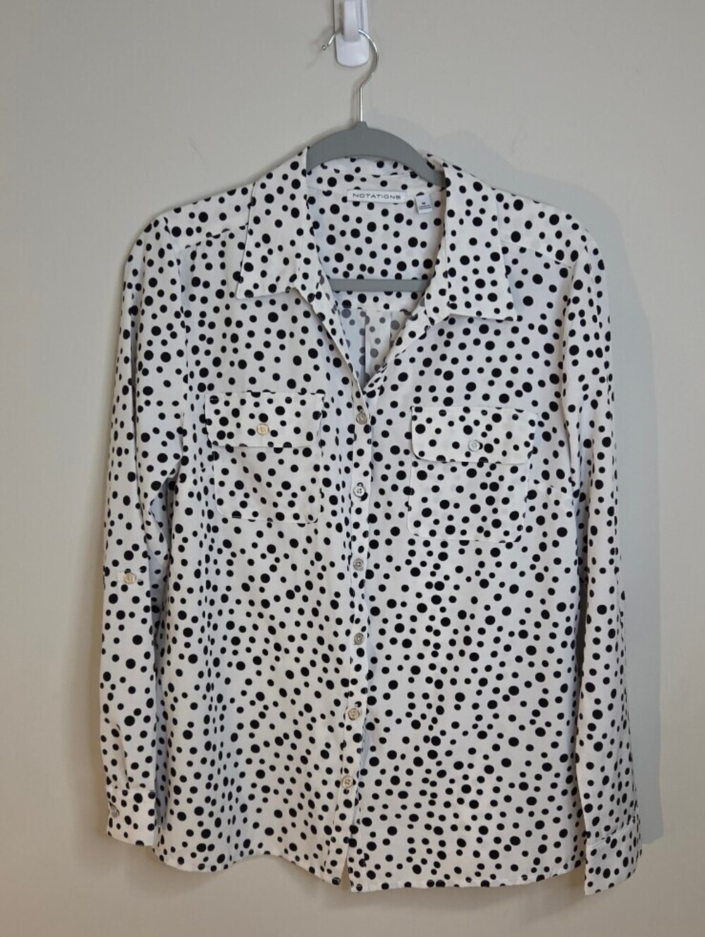 Notations Womens Medium White Black Polka Dot Button-Up Blouse Roll Tab Sleeves